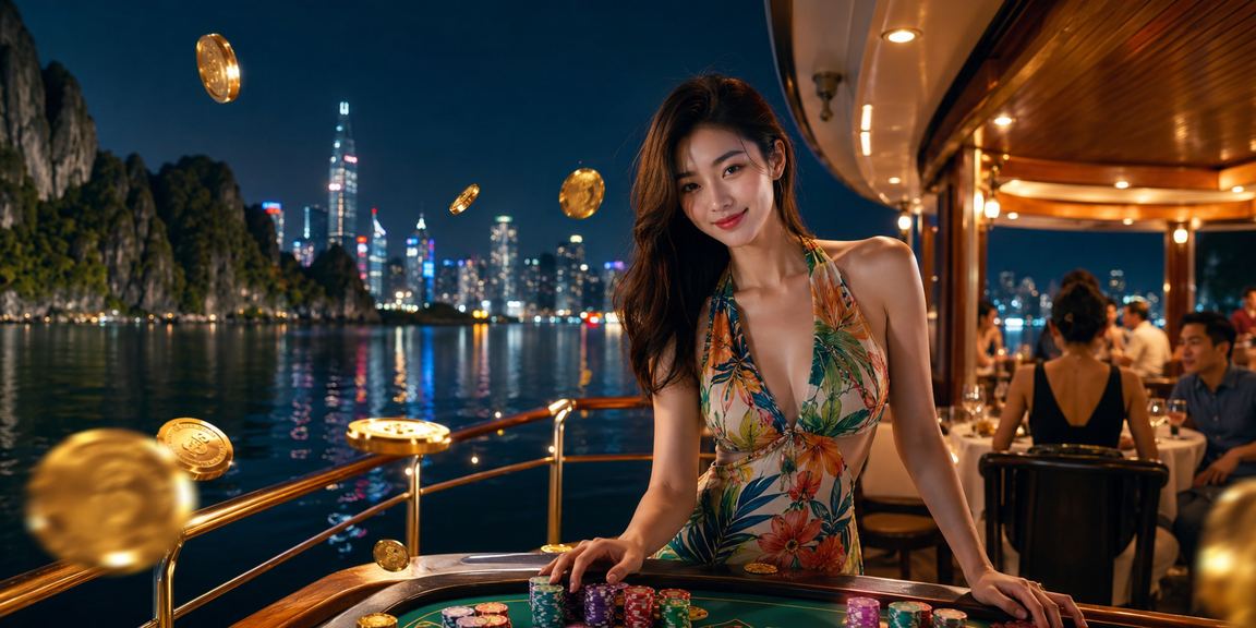 Cô gái Việt Nam trải nghiệm casino trực tuyến với khung cảnh vịnh Hạ Long